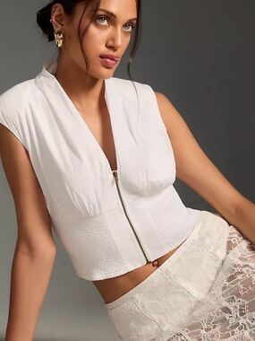 Maeve by Anthropologie White Smocked Zip Vest Top